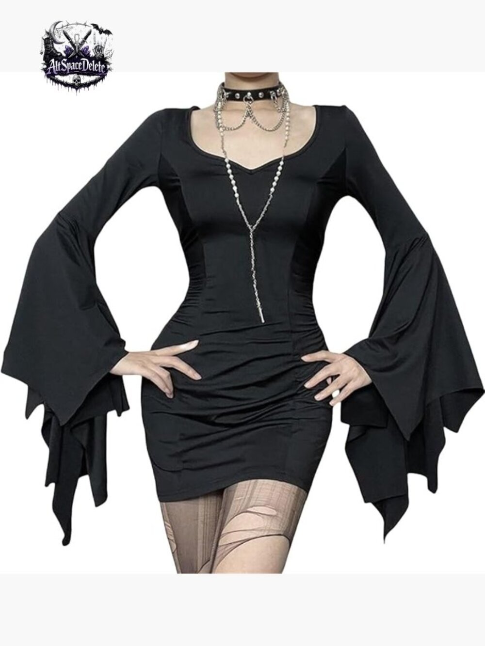 Punk Pencil Mini Dress Bat Bell Sleeve Sweetheart Neckline Bodycon